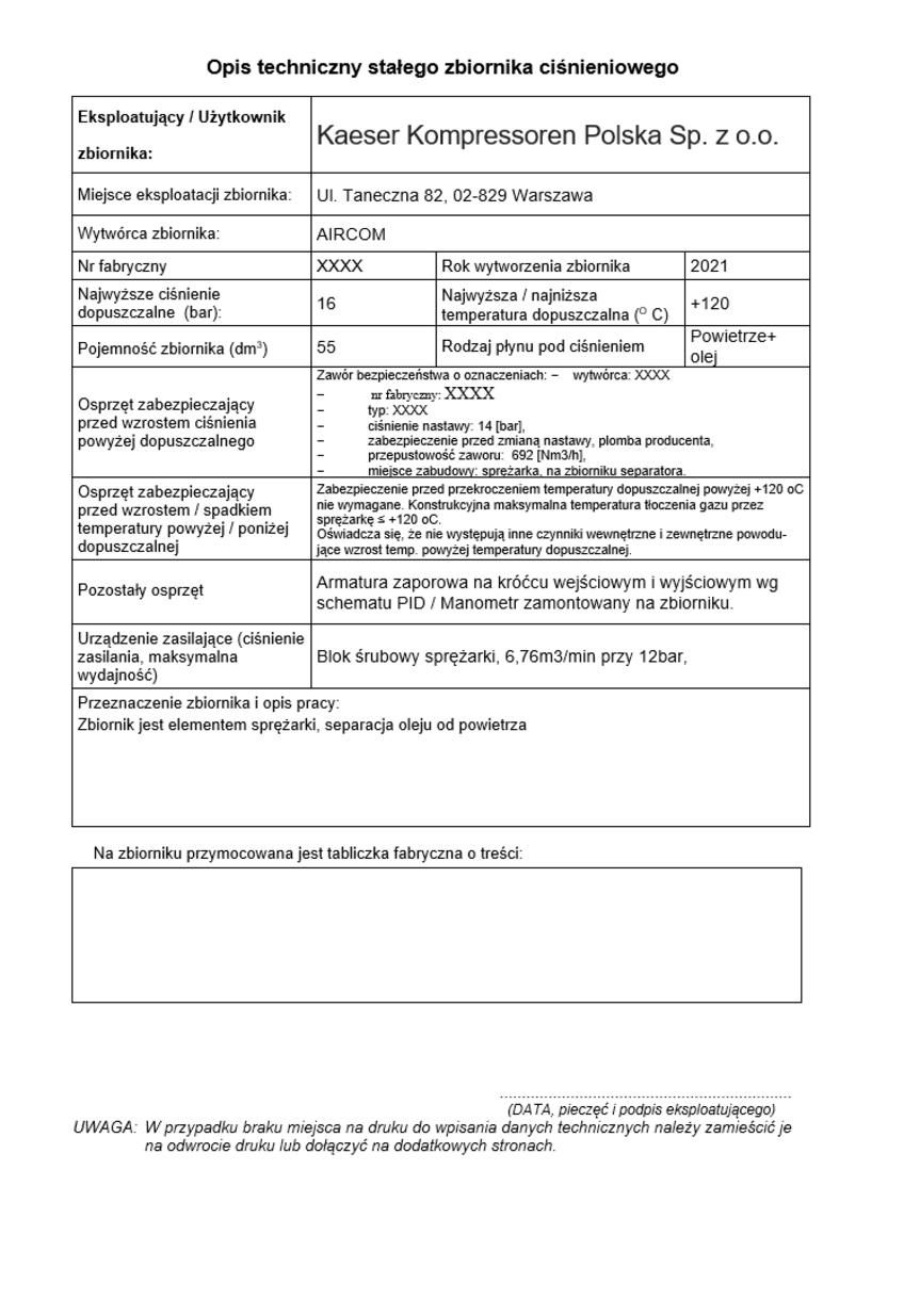 Opis techniczny zbiornika ciśnieniowego w sprężarce
