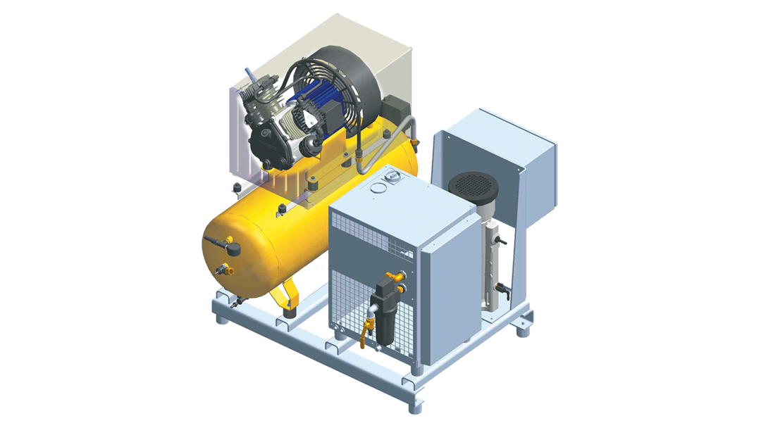 COMPRESSEUR PISTONS ÉLECTRIQUE INSONORISÉ SUR CHÂSSIS AVEC CUVE VERTICALE  SÉPARÉE