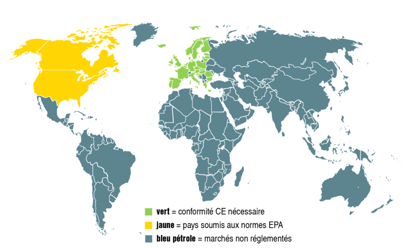 Carte du monde montrant les pays avec ou sans conformité CE/EPA