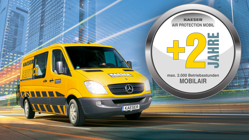 Plus Zwei Jahre Anschlussgarantie für MOBILAIR Baukompressoren von Kaeser Kompressoren.