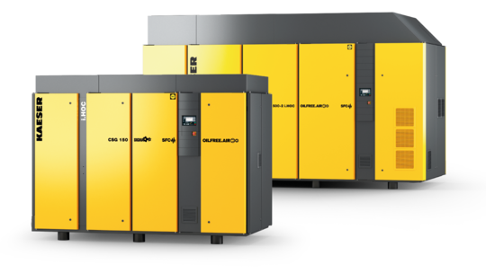 Oil-free rotary screw compressors with integrated rotation dryer.