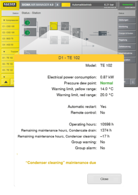 Warning message on the SIGMA AIR MANAGER 4.0 flow diagram