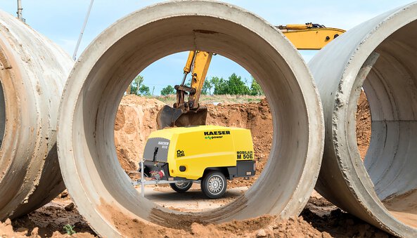 Der MOBILAIR M 50E SFC ist mit flexiblem Arbeitsdruck zwischen 6 und 11 bar ideal für den Einsatz auf Baustellen.