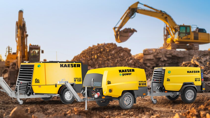 Drei mobile Druckluftkompressoren M125, M50E und M44 in Anwendung auf der Baustelle.