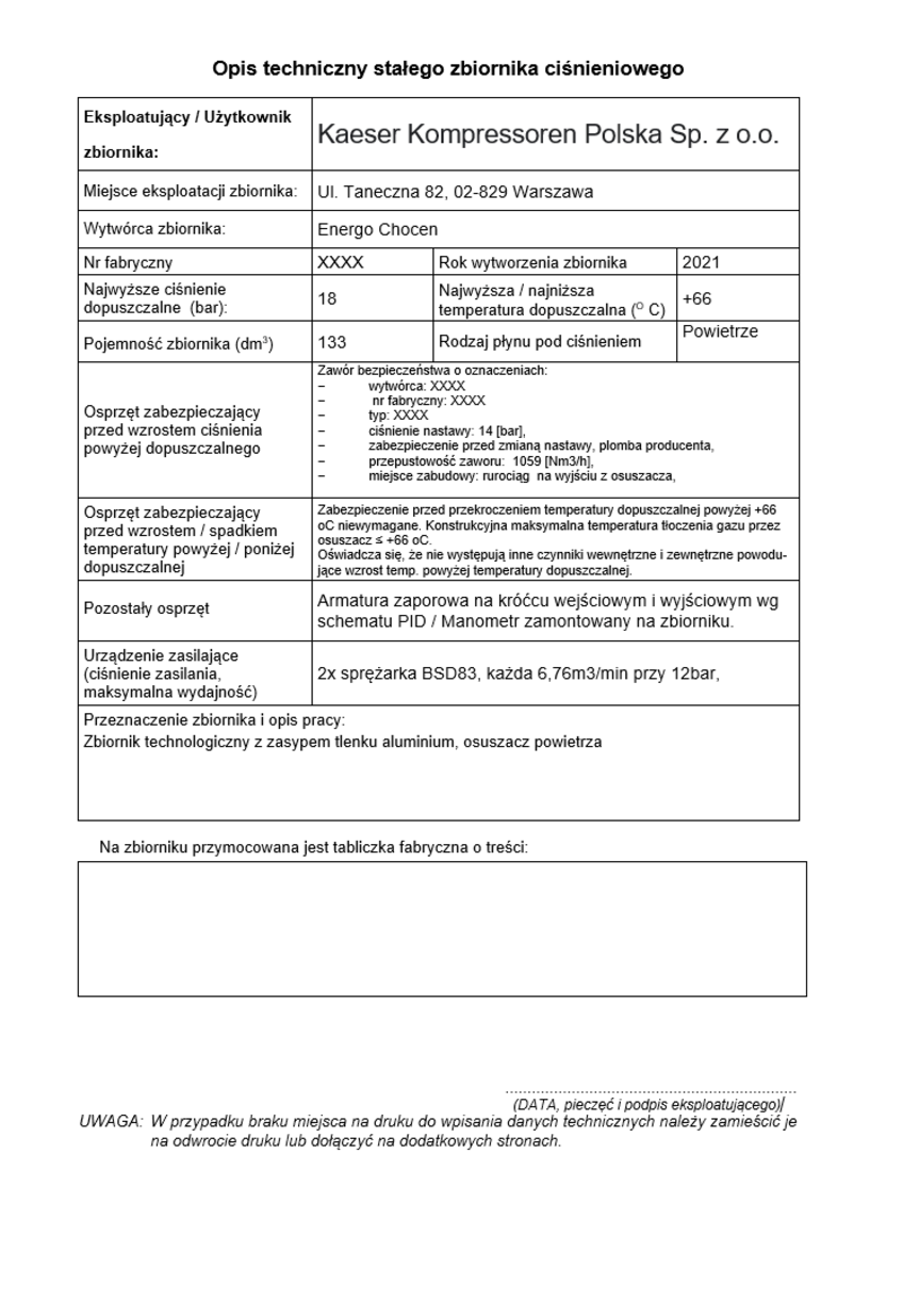 Opis techniczny zbiornika ciśnieniowego osuszacza adsorpcyjnego
