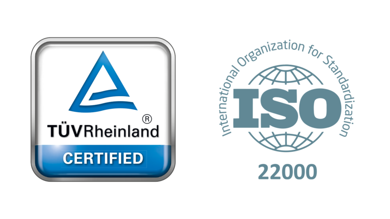 TÜV Rheinland and ISO 22000 certified